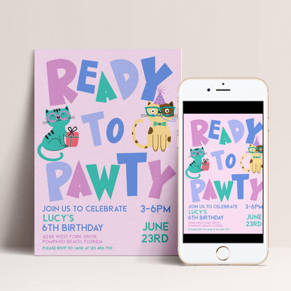 The image is a birthday party invitation featuring a pink background with colorful text and illustrations of cats.