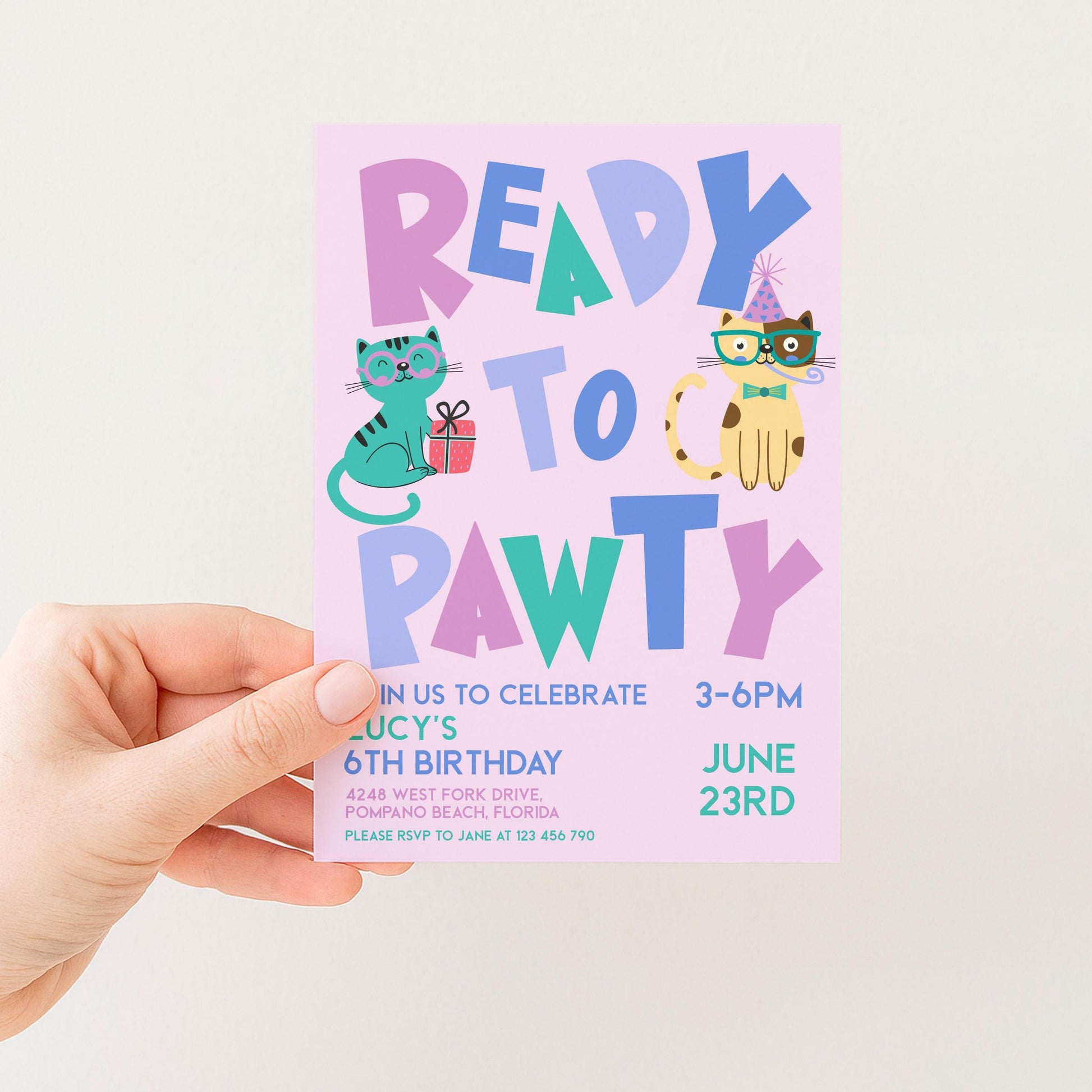 The image is a pink birthday invitation card for a cat-themed party.