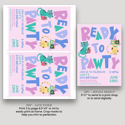 The image is a birthday invitation for a 6th birthday party, featuring colorful text and illustrations of cats.