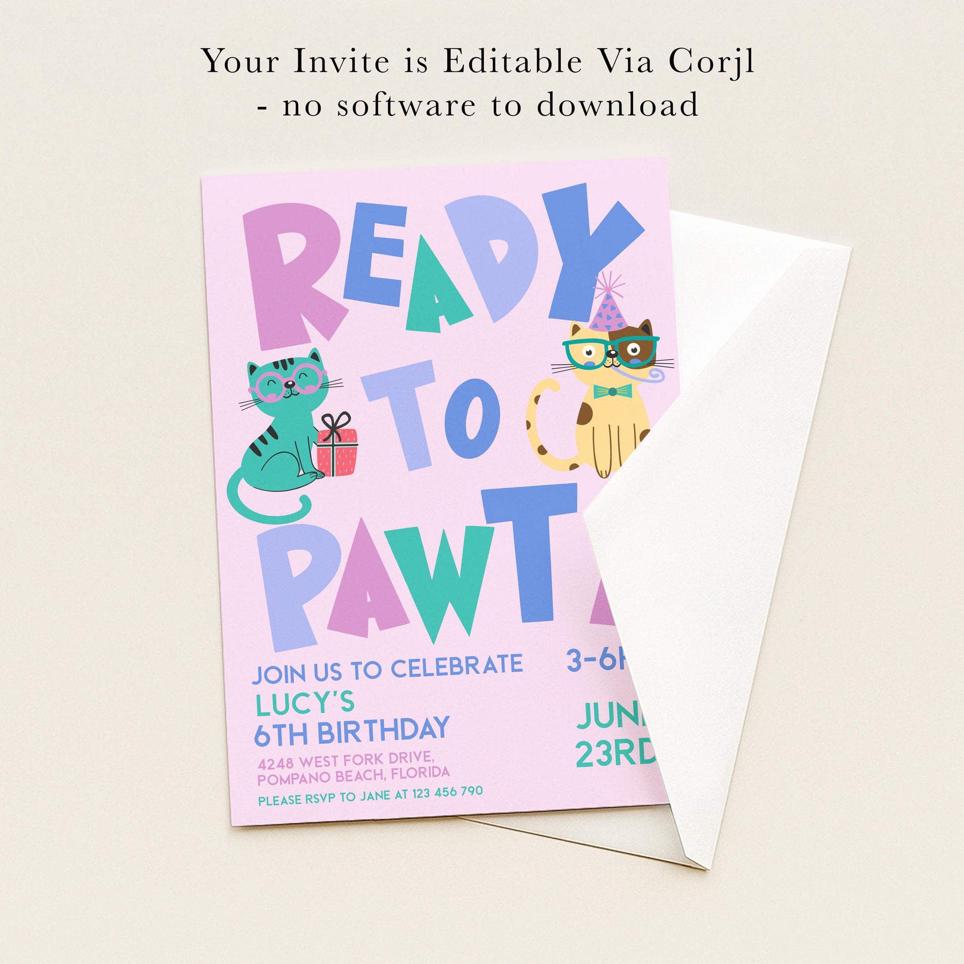The image is a birthday party invitation featuring colorful cat illustrations and text.