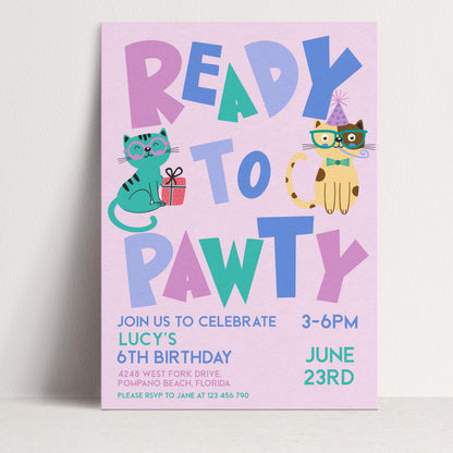 The image is a birthday party invitation for a 6th birthday celebration. It features colorful text and illustrations of cats, with the invitation asking guests to join the celebration.