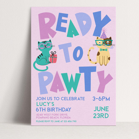 The image is a birthday party invitation for a 6th birthday celebration. It features colorful text and illustrations of cats, with the invitation asking guests to join the celebration.