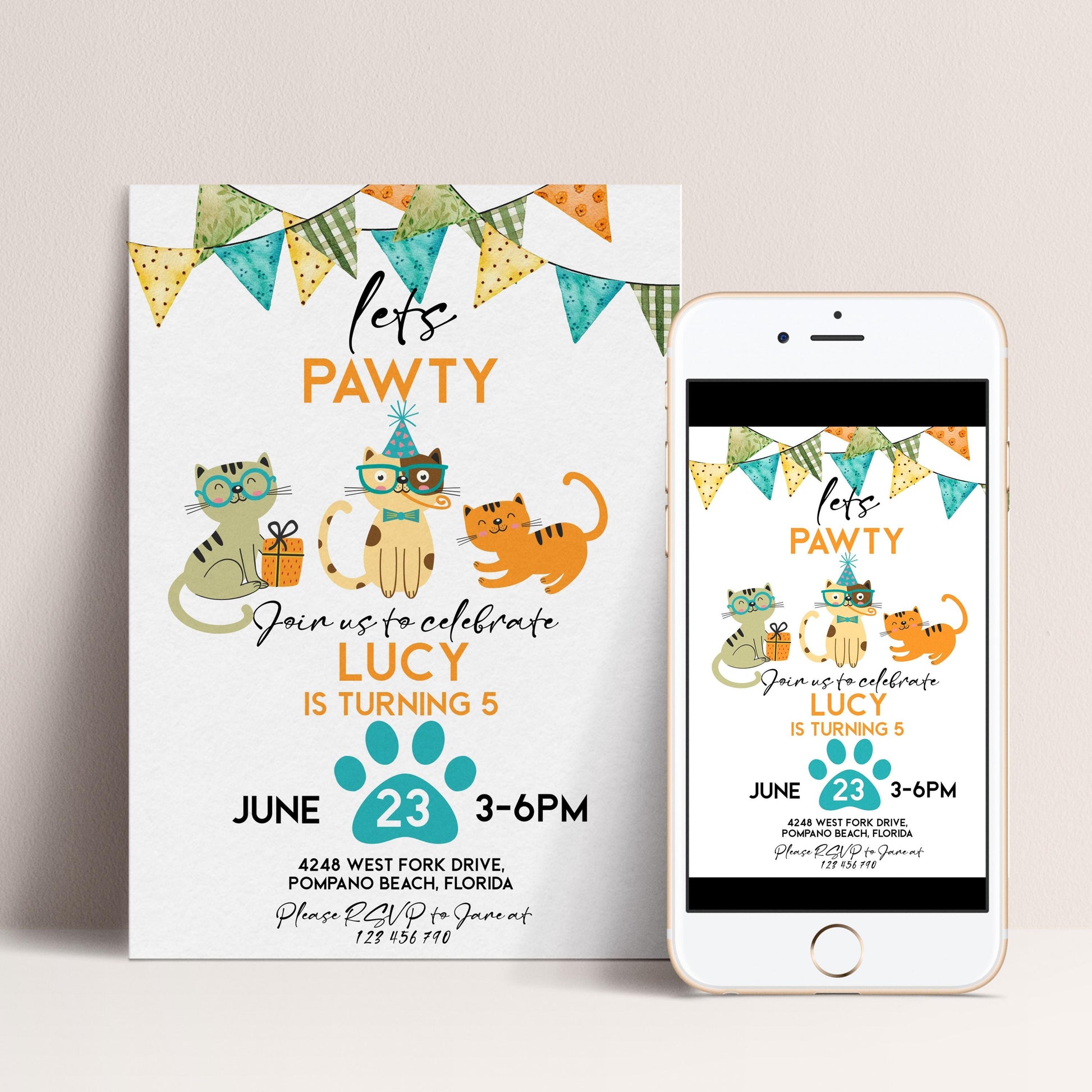 Cat Birthday Invitation Pawty Theme, Kids Animal Party Invite, Cute Kitten Celebration, Editable Pet Party Template