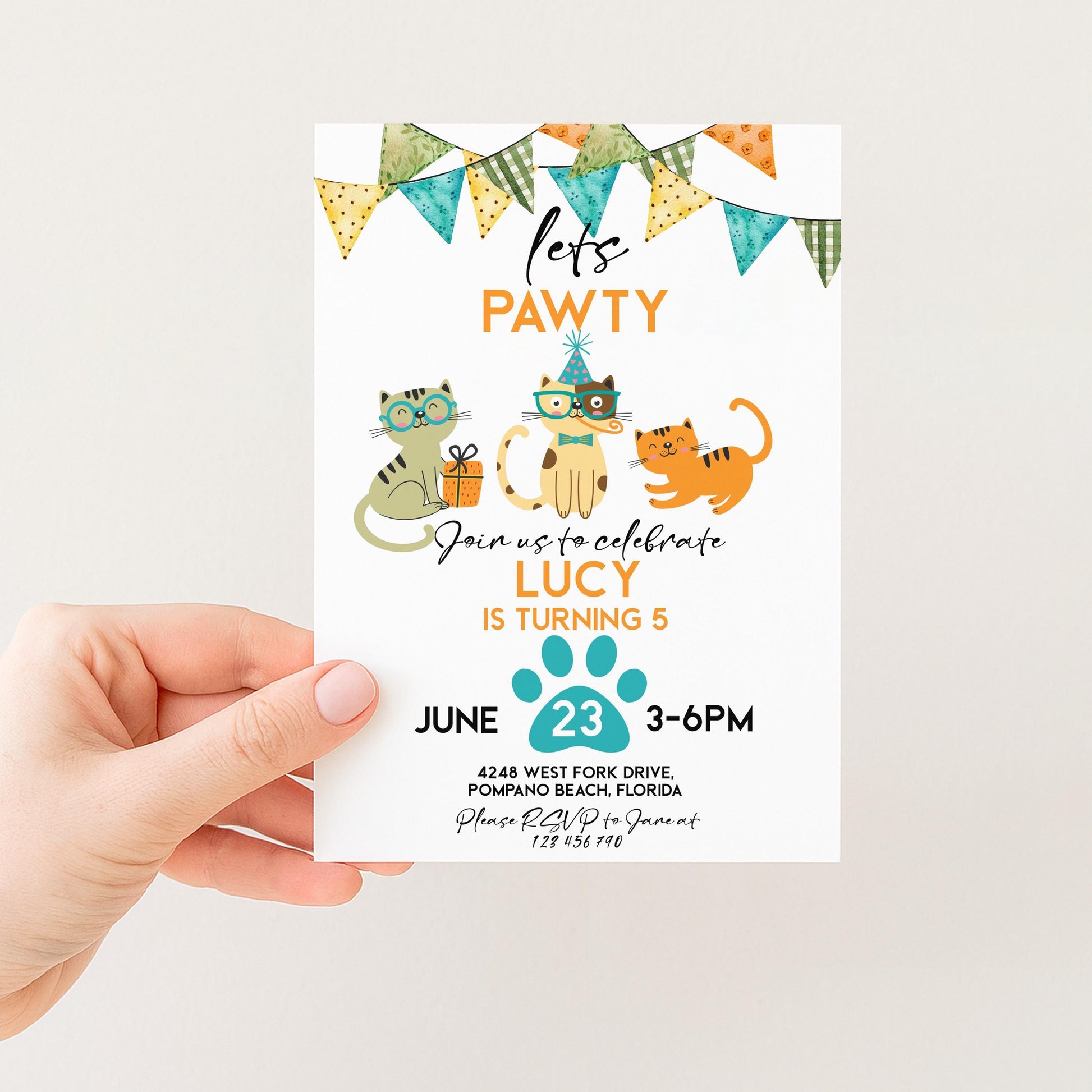 Cat Birthday Invitation Pawty Theme, Kids Animal Party Invite, Cute Kitten Celebration, Editable Pet Party Template