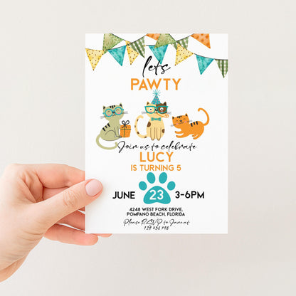 Cat Birthday Invitation Pawty Theme, Kids Animal Party Invite, Cute Kitten Celebration, Editable Pet Party Template