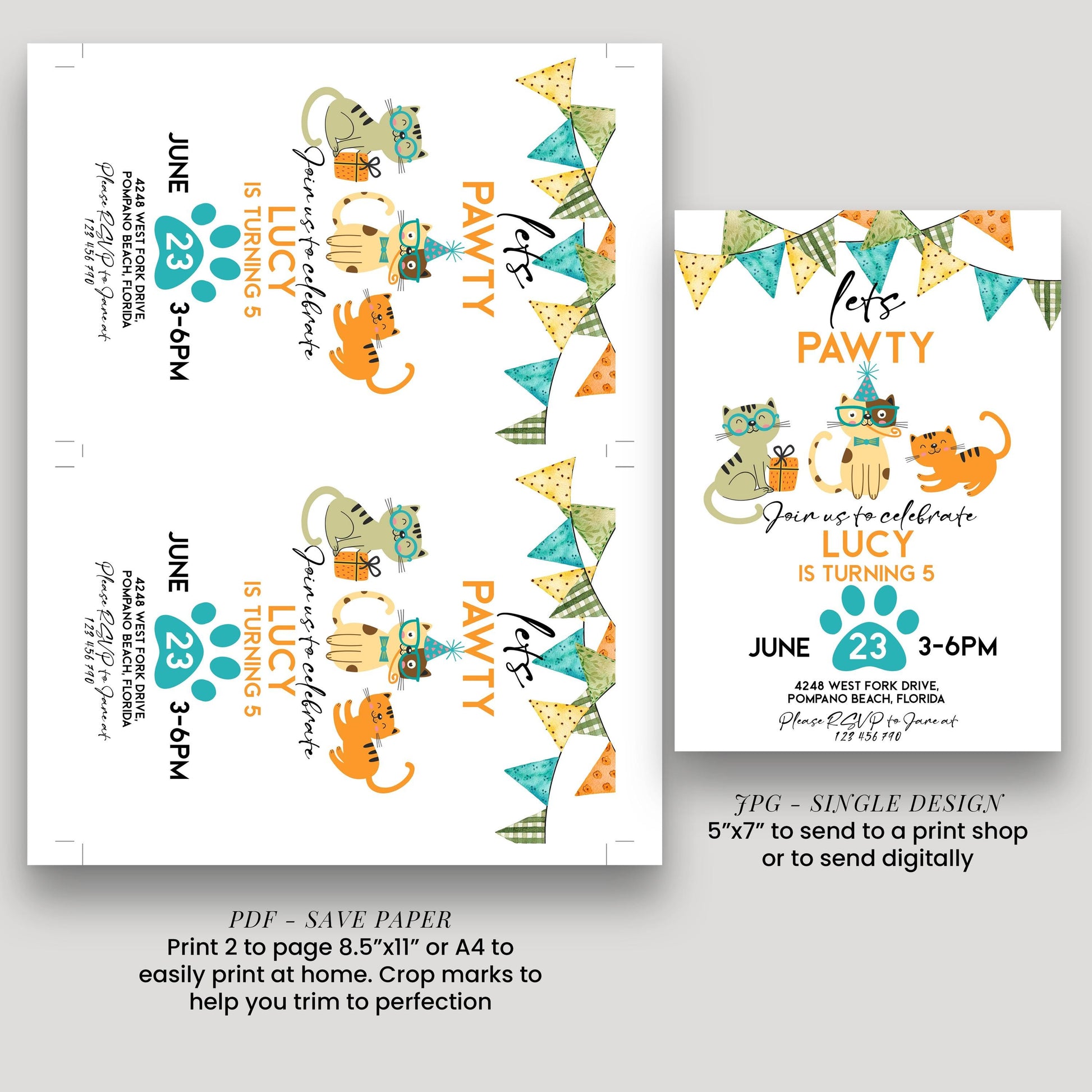 Cat Birthday Invitation Pawty Theme, Kids Animal Party Invite, Cute Kitten Celebration, Editable Pet Party Template