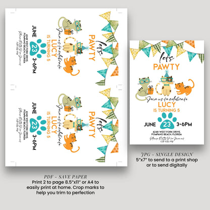 Cat Birthday Invitation Pawty Theme, Kids Animal Party Invite, Cute Kitten Celebration, Editable Pet Party Template