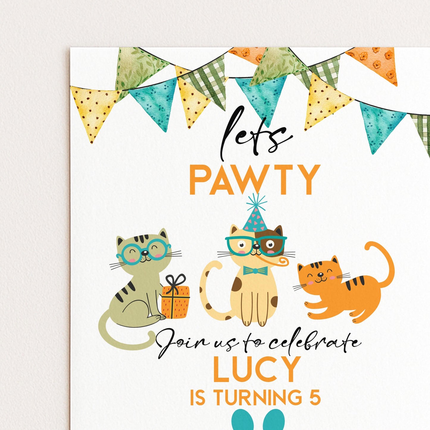 Cat Birthday Invitation Pawty Theme, Kids Animal Party Invite, Cute Kitten Celebration, Editable Pet Party Template