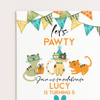 Cat Birthday Invitation Pawty Theme, Kids Animal Party Invite, Cute Kitten Celebration, Editable Pet Party Template