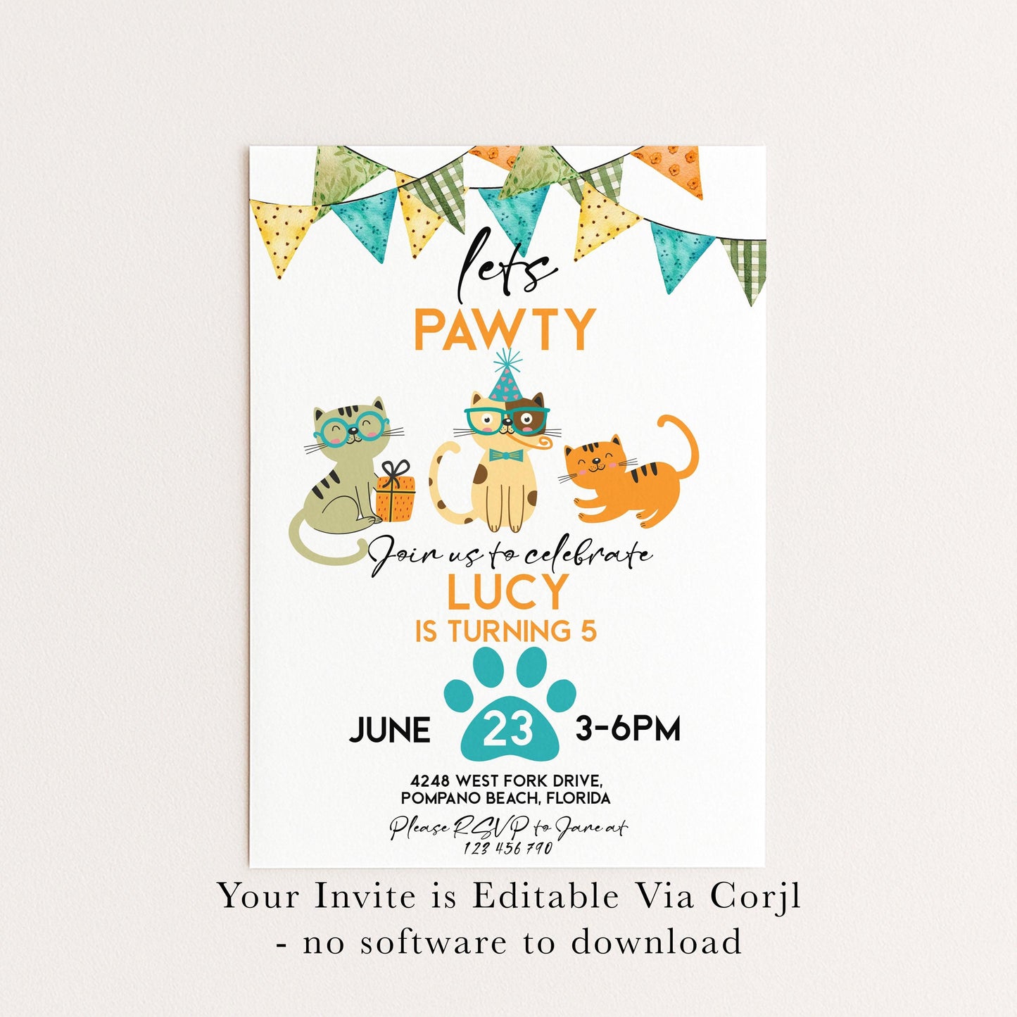 Cat Birthday Invitation Pawty Theme, Kids Animal Party Invite, Cute Kitten Celebration, Editable Pet Party Template