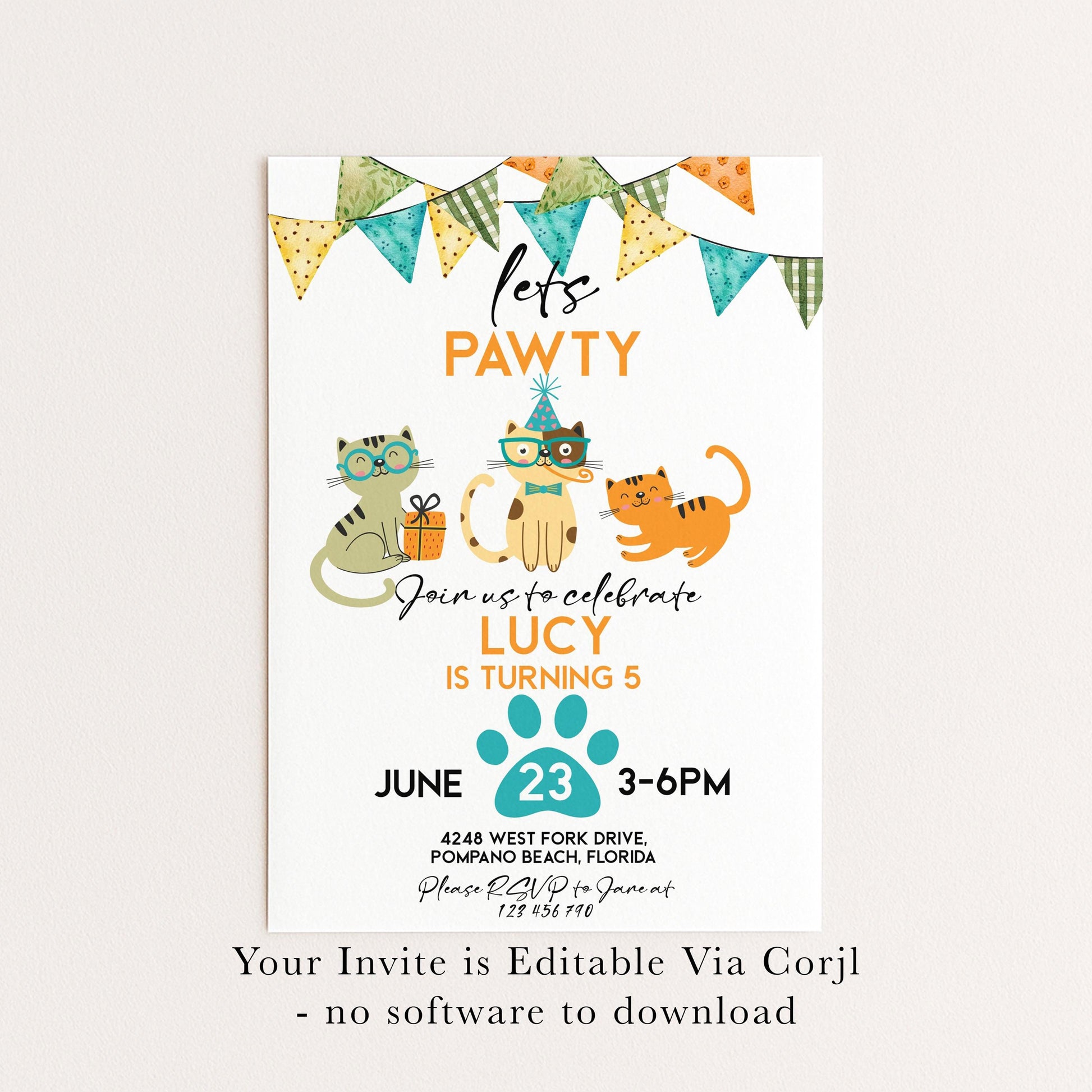Cat Birthday Invitation Pawty Theme, Kids Animal Party Invite, Cute Kitten Celebration, Editable Pet Party Template