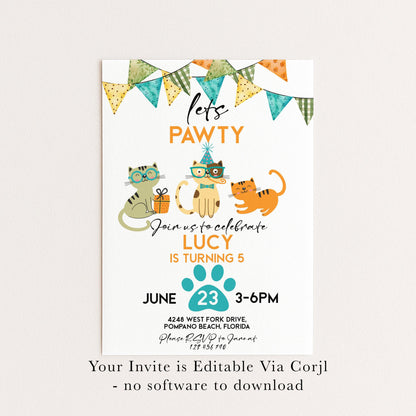 Cat Birthday Invitation Pawty Theme, Kids Animal Party Invite, Cute Kitten Celebration, Editable Pet Party Template