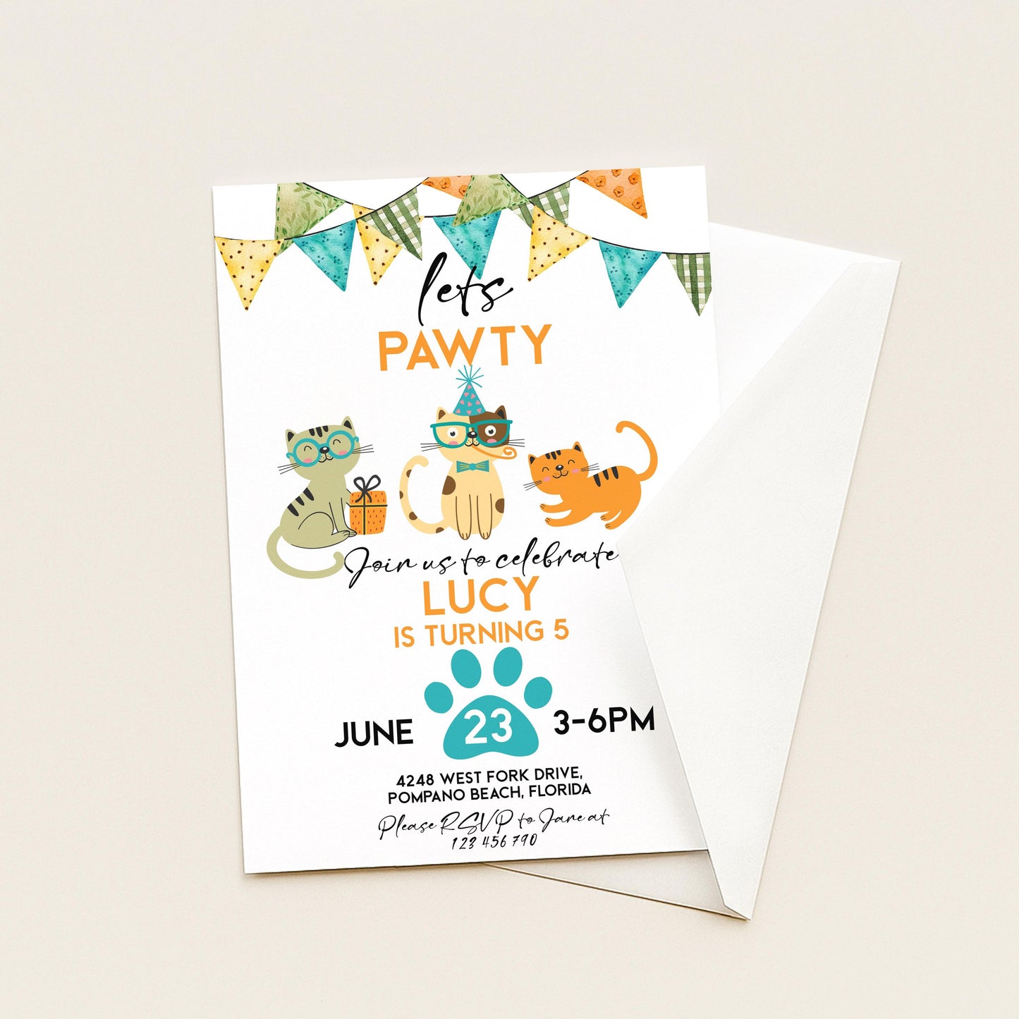 Cat Birthday Invitation Pawty Theme, Kids Animal Party Invite, Cute Kitten Celebration, Editable Pet Party Template