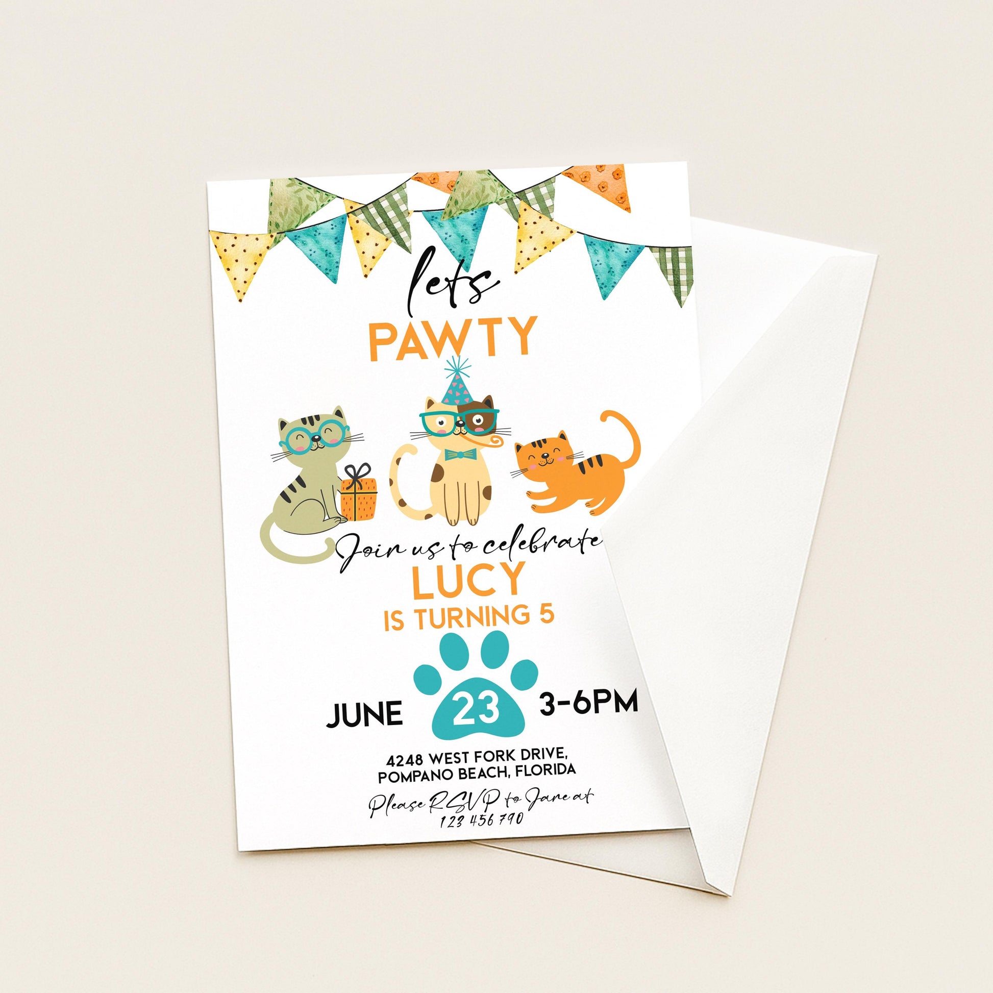 Cat Birthday Invitation Pawty Theme, Kids Animal Party Invite, Cute Kitten Celebration, Editable Pet Party Template
