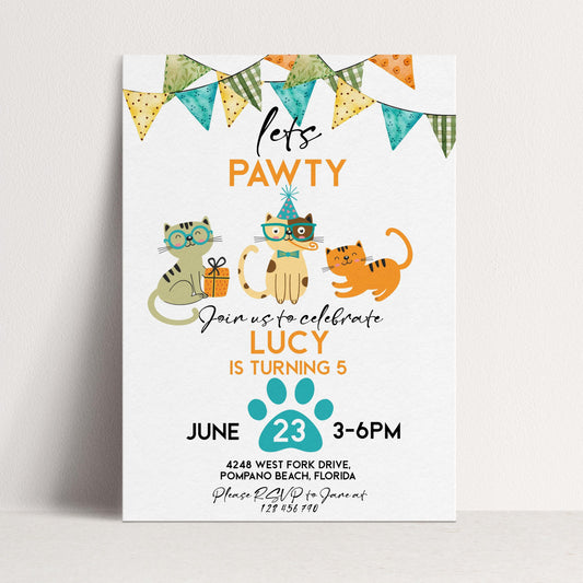 Cat Birthday Invitation Pawty Theme, Kids Animal Party Invite, Cute Kitten Celebration, Editable Pet Party Template
