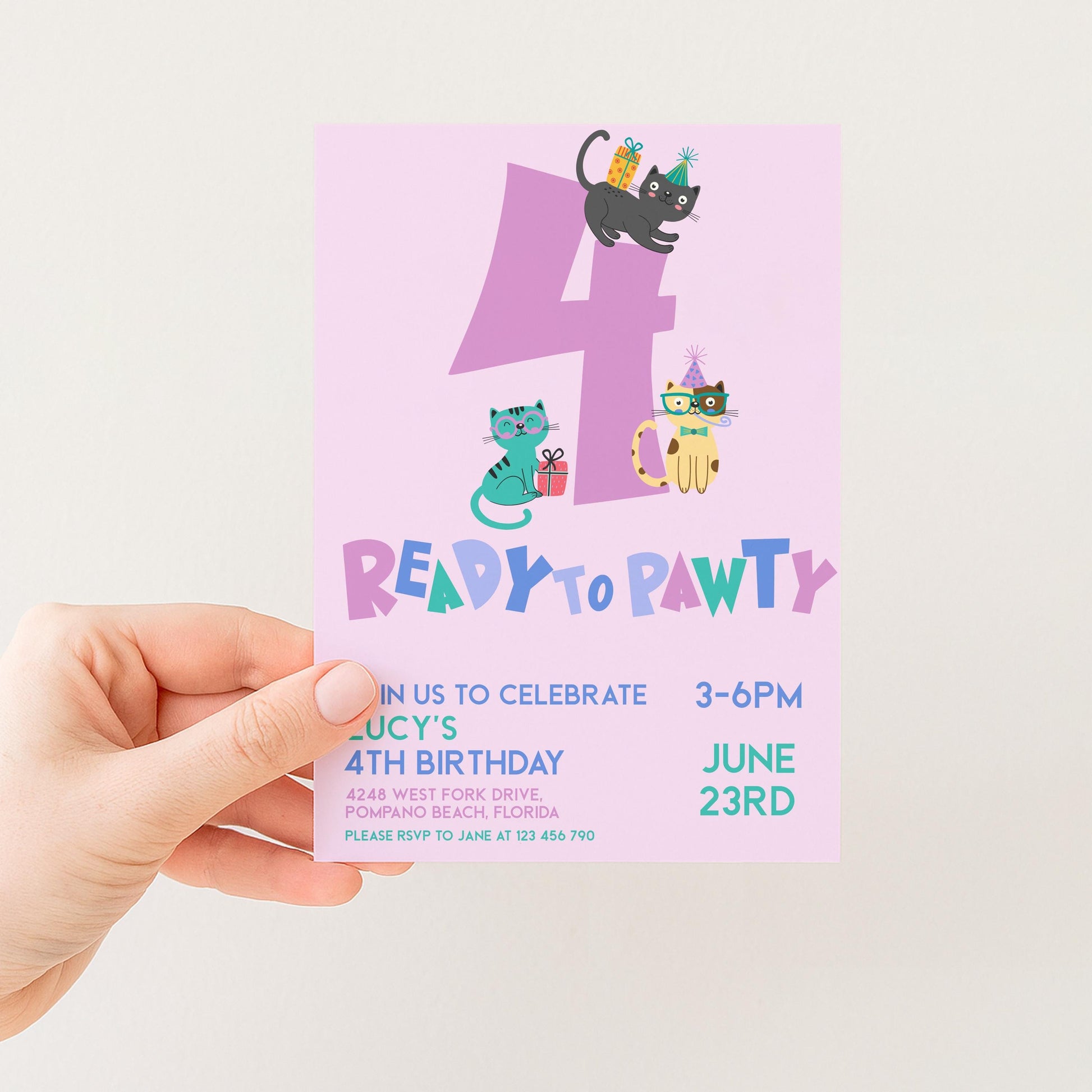 Cat Birthday Invitation, Ready to Pawty Invite, Editable 4th Birthday Party Cute Kitten Corjl Template Pink Party for Girls Digital Download