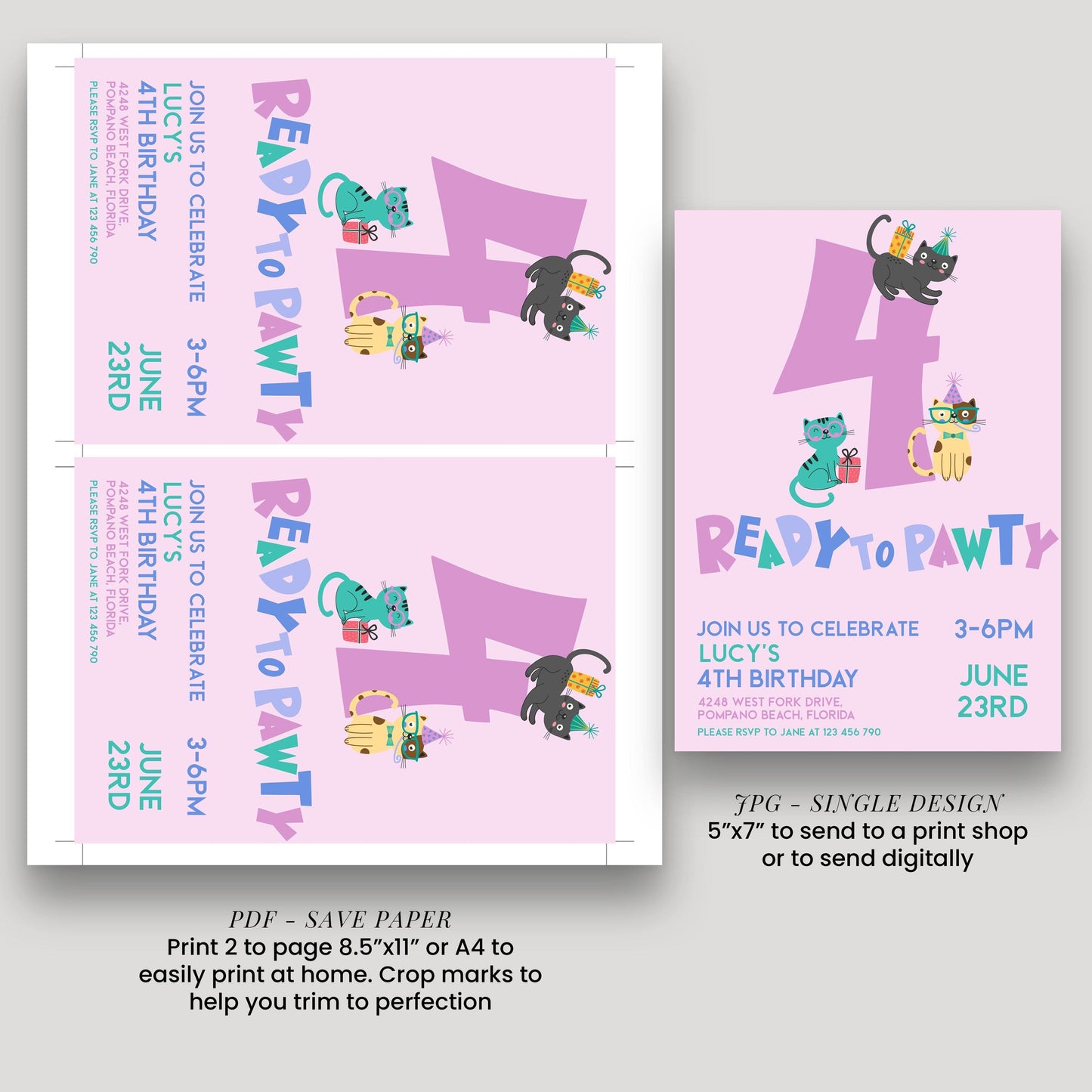 Cat Birthday Invitation, Ready to Pawty Invite, Editable 4th Birthday Party Cute Kitten Corjl Template Pink Party for Girls Digital Download