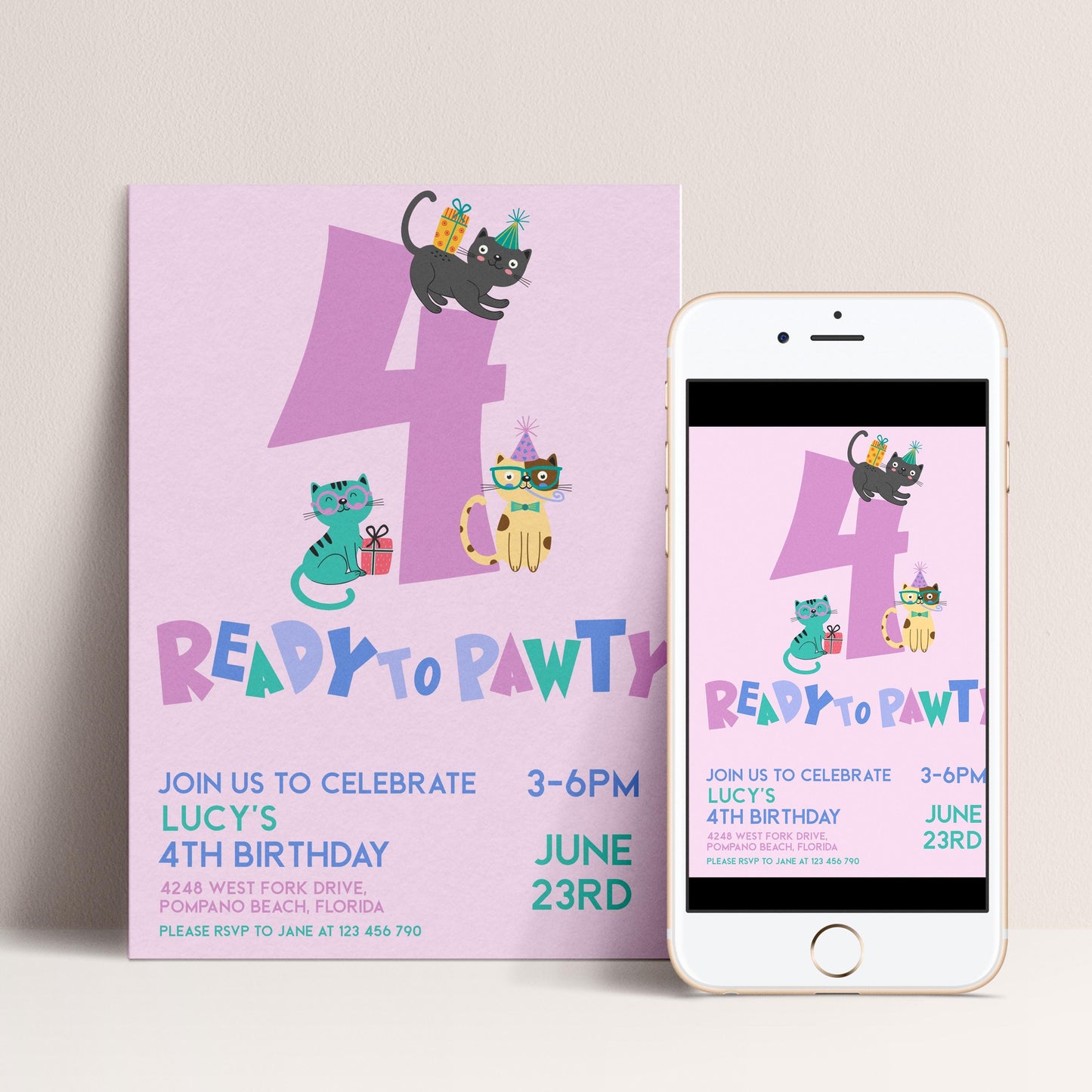 Cat Birthday Invitation, Ready to Pawty Invite, Editable 4th Birthday Party Cute Kitten Corjl Template Pink Party for Girls Digital Download