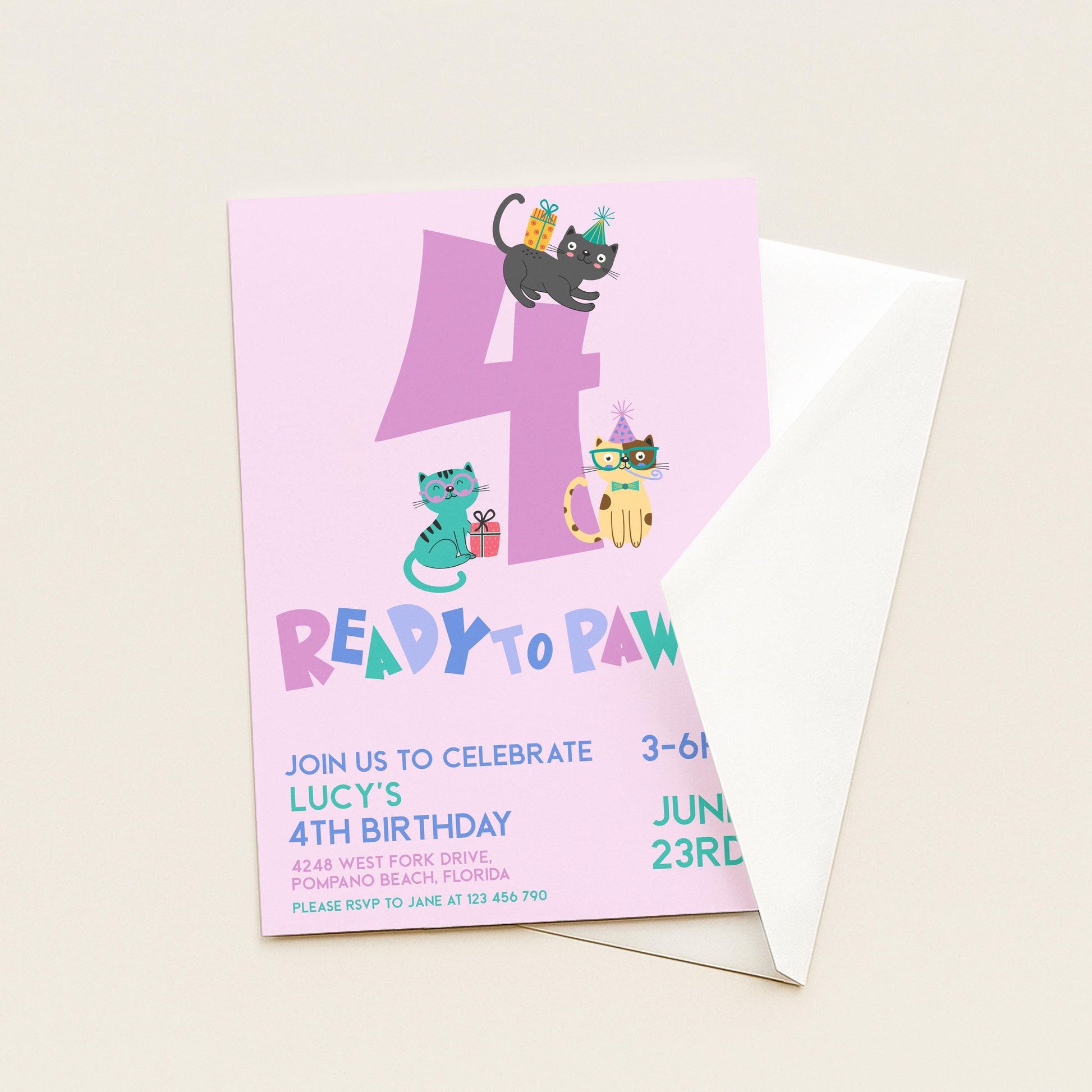 Cat Birthday Invitation, Ready to Pawty Invite, Editable 4th Birthday Party Cute Kitten Corjl Template Pink Party for Girls Digital Download