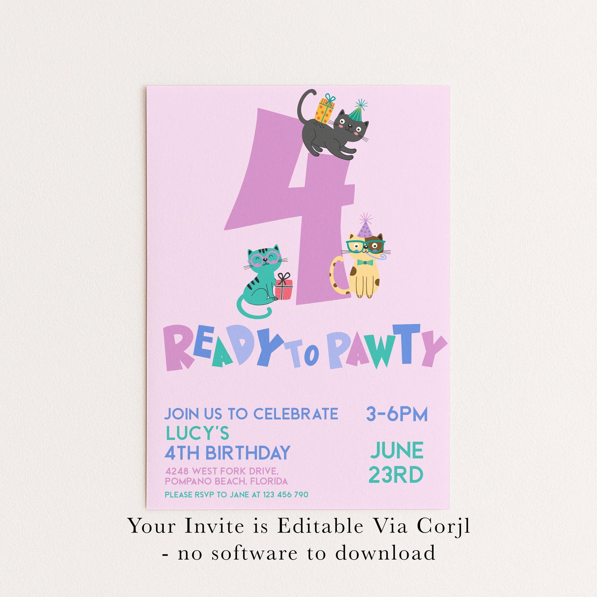 Cat Birthday Invitation, Ready to Pawty Invite, Editable 4th Birthday Party Cute Kitten Corjl Template Pink Party for Girls Digital Download