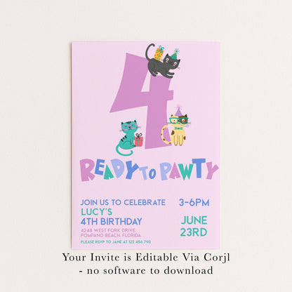 Cat Birthday Invitation, Ready to Pawty Invite, Editable 4th Birthday Party Cute Kitten Corjl Template Pink Party for Girls Digital Download