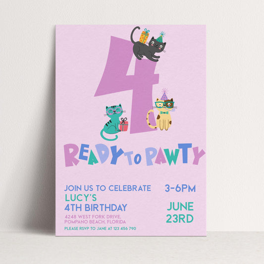 Cat Birthday Invitation, Ready to Pawty Invite, Editable 4th Birthday Party Cute Kitten Corjl Template Pink Party for Girls Digital Download
