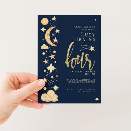 Celestial 4th Birthday Invitation EDITABLE Gender Neutral Navy Gold Stars Moon Invitations Digital Invites Instant download CL09