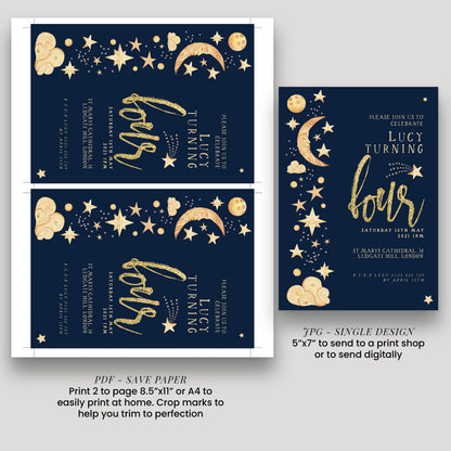 Celestial 4th Birthday Invitation EDITABLE Gender Neutral Navy Gold Stars Moon Invitations Digital Invites Instant download CL09