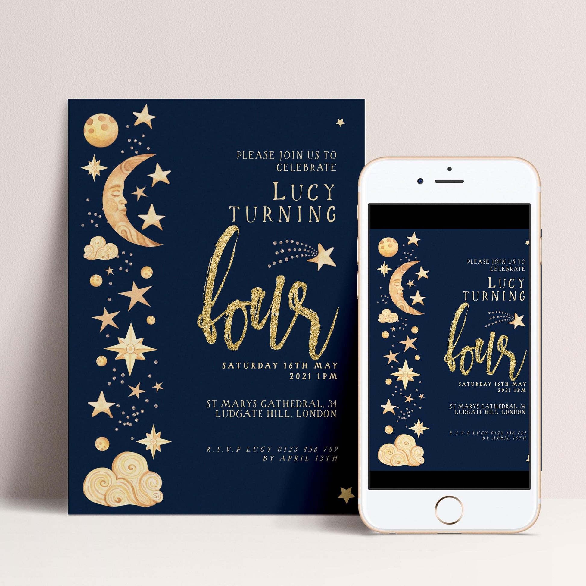 Celestial 4th Birthday Invitation EDITABLE Gender Neutral Navy Gold Stars Moon Invitations Digital Invites Instant download CL09