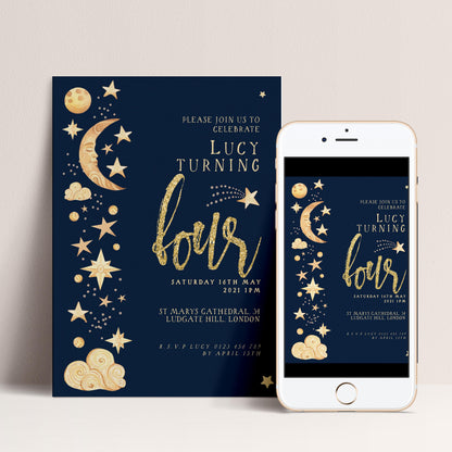 Celestial 4th Birthday Invitation EDITABLE Gender Neutral Navy Gold Stars Moon Invitations Digital Invites Instant download CL09