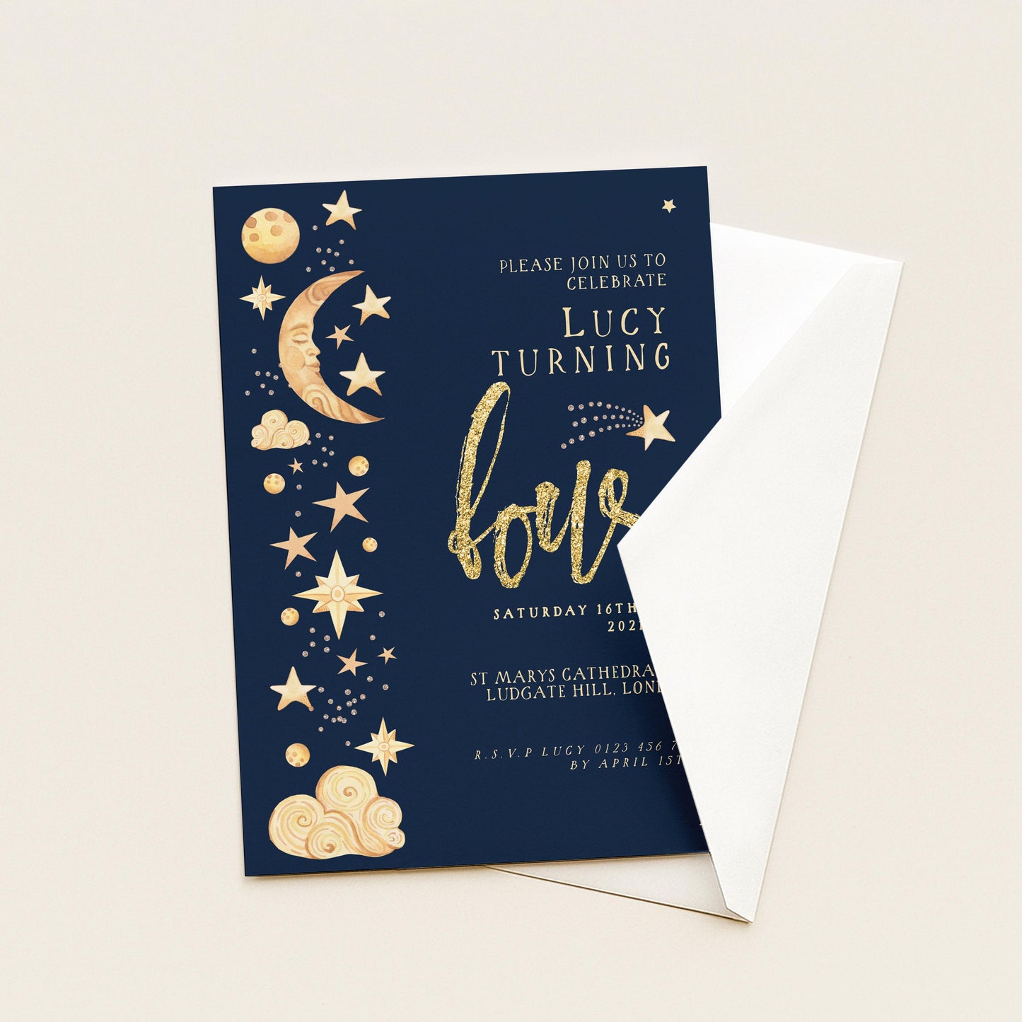 Celestial 4th Birthday Invitation EDITABLE Gender Neutral Navy Gold Stars Moon Invitations Digital Invites Instant download CL09