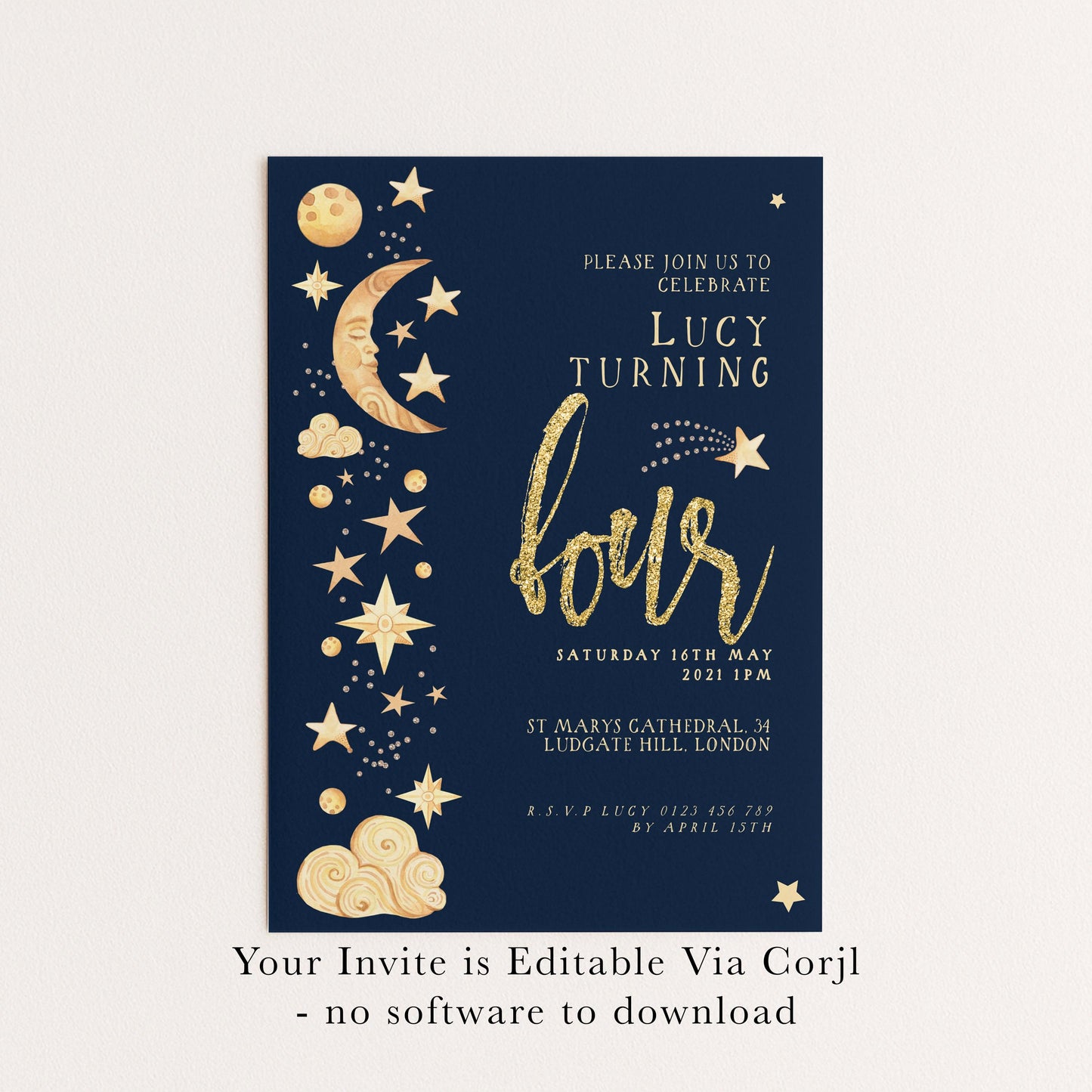 Celestial 4th Birthday Invitation EDITABLE Gender Neutral Navy Gold Stars Moon Invitations Digital Invites Instant download CL09
