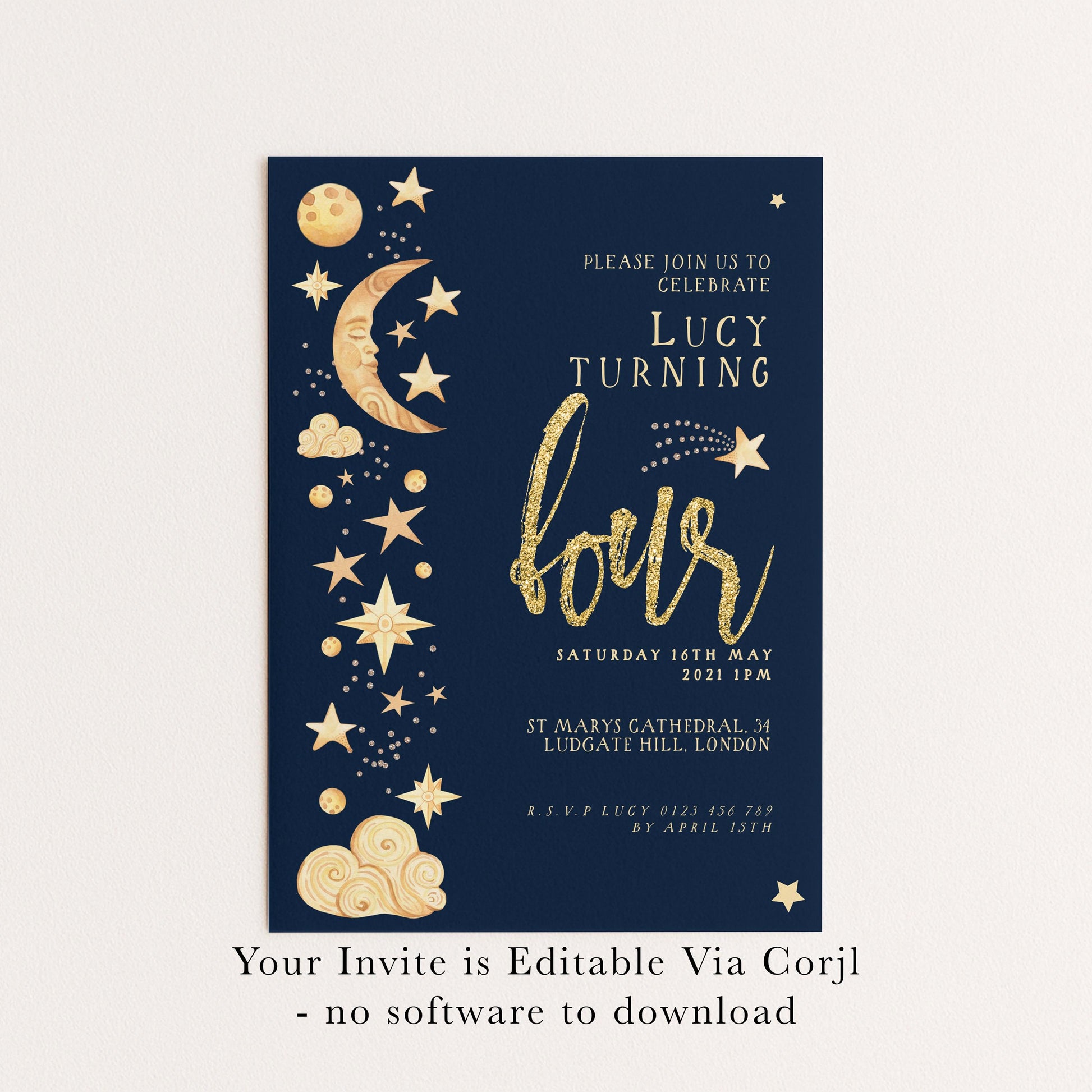 Celestial 4th Birthday Invitation EDITABLE Gender Neutral Navy Gold Stars Moon Invitations Digital Invites Instant download CL09