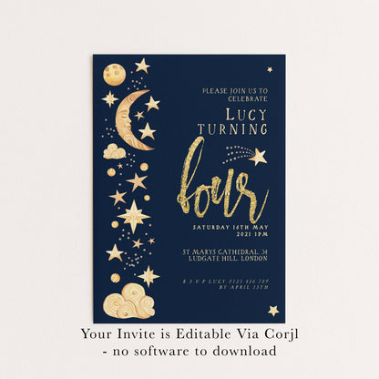 Celestial 4th Birthday Invitation EDITABLE Gender Neutral Navy Gold Stars Moon Invitations Digital Invites Instant download CL09