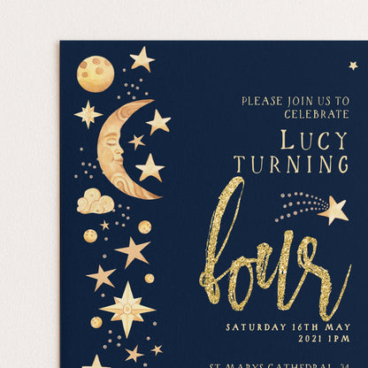 Celestial 4th Birthday Invitation EDITABLE Gender Neutral Navy Gold Stars Moon Invitations Digital Invites Instant download CL09