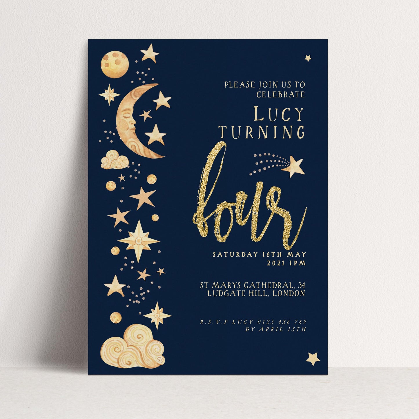 Celestial 4th Birthday Invitation EDITABLE Gender Neutral Navy Gold Stars Moon Invitations Digital Invites Instant download CL09