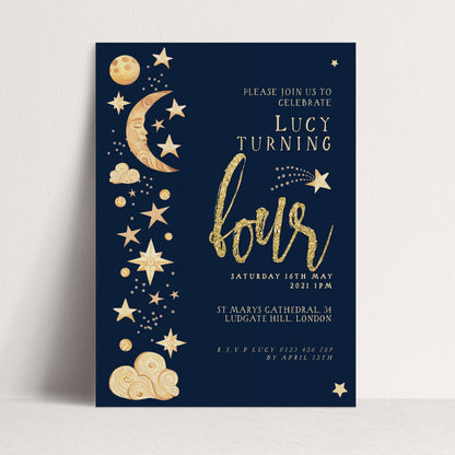 Celestial 4th Birthday Invitation EDITABLE Gender Neutral Navy Gold Stars Moon Invitations Digital Invites Instant download CL09