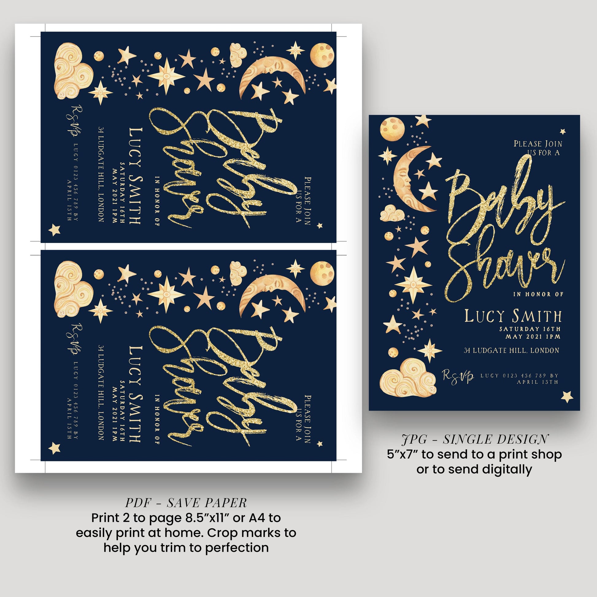 two blue invitation cards with gold stars and moon designs, along with text and instructions for printing and sending the invitations.