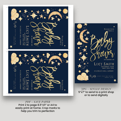two blue invitation cards with gold stars and moon designs, along with text and instructions for printing and sending the invitations.