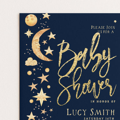 The image is a baby shower invitation with a dark blue background and gold text and illustrations.