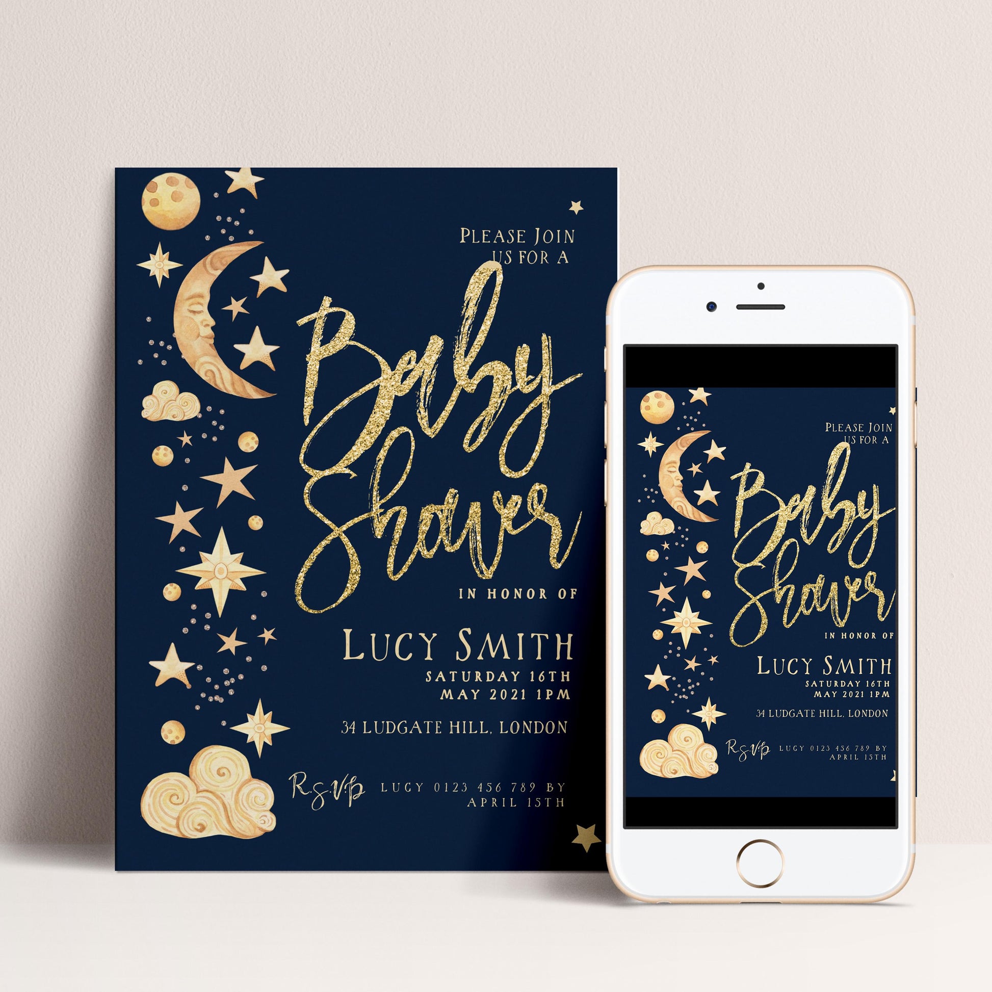 Baby shower invitation and mobile phone displaying the invitation