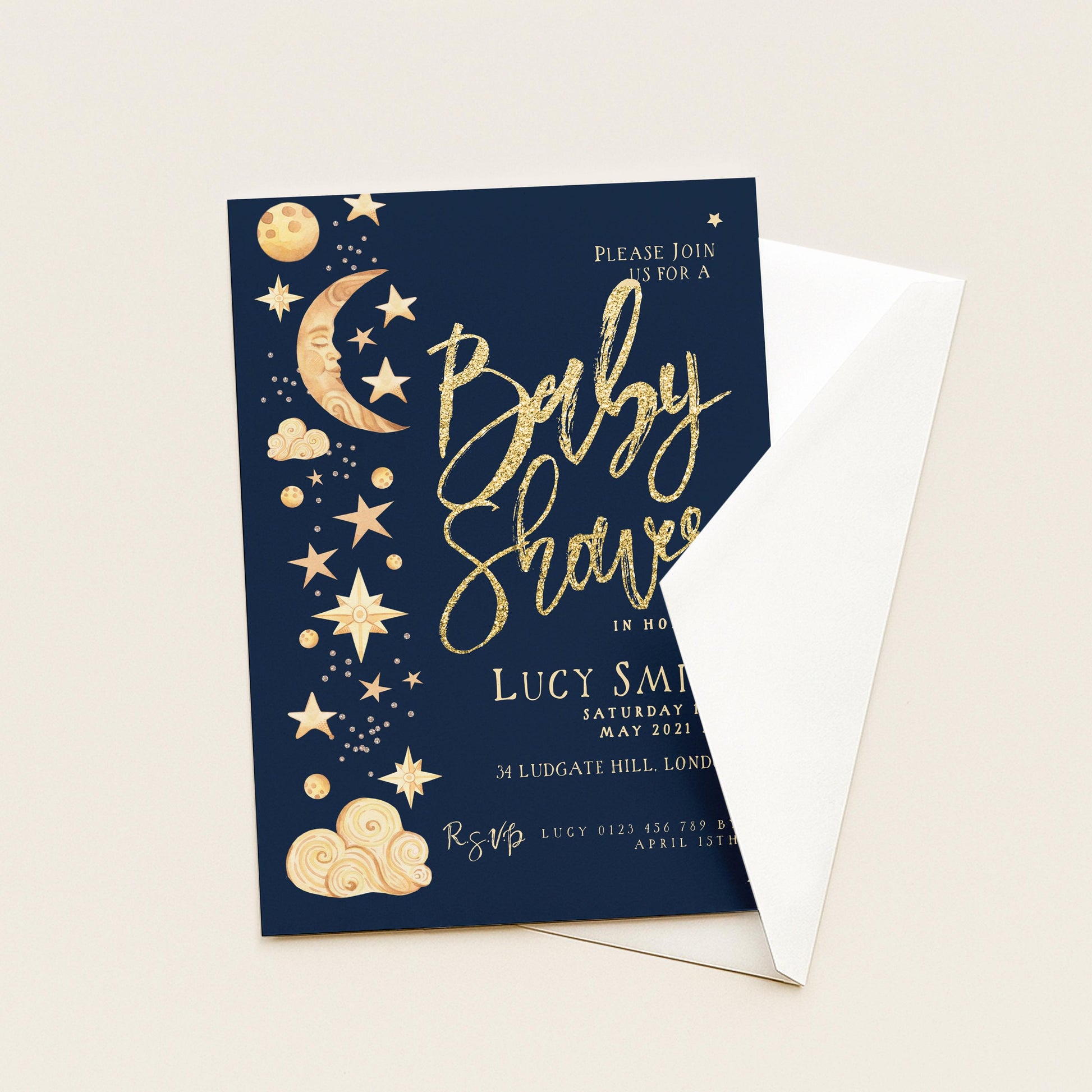 The image is a baby shower invitation with a dark blue background and gold accents. The invitation includes details about the event, such as the date, time, location, and a request to join.