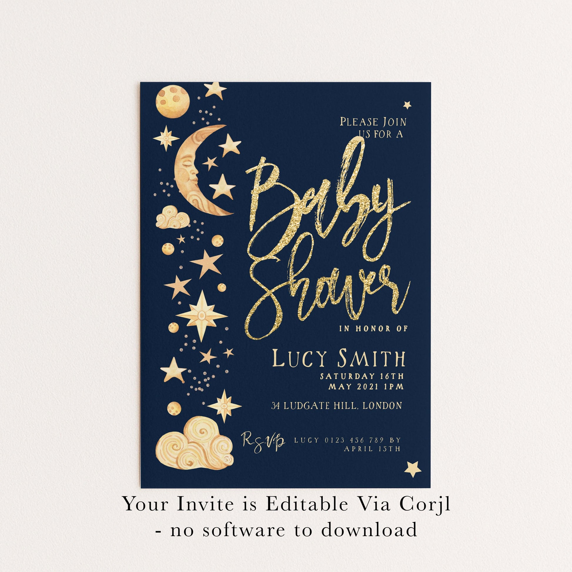 The image is a baby shower invitation with a dark blue background and gold stars and moon designs. The text invites guests to a baby shower in honor of Lucy Smith and provides details about the event, including the date, time, and location. The invitation is editable via a computer and does not require any software to download.