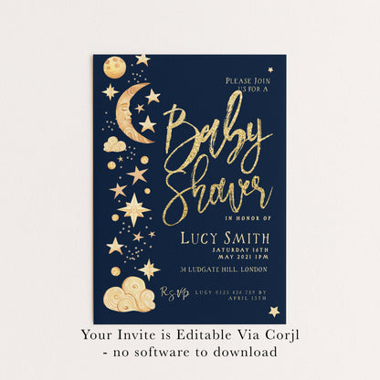 The image is a baby shower invitation with a dark blue background and gold stars and moon designs. The text invites guests to a baby shower in honor of Lucy Smith and provides details about the event, including the date, time, and location. The invitation is editable via a computer and does not require any software to download.