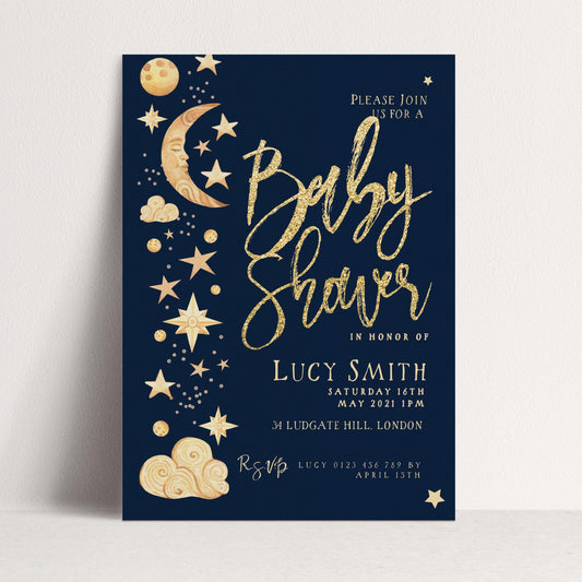 The image is a baby shower invitation featuring a dark blue background with gold stars, a crescent moon, and a cloud design. The text invites guests to join for a baby shower in honor of Lucy Smith, scheduled for May 21st, 2021, at 34 Ludgate Hill, London.