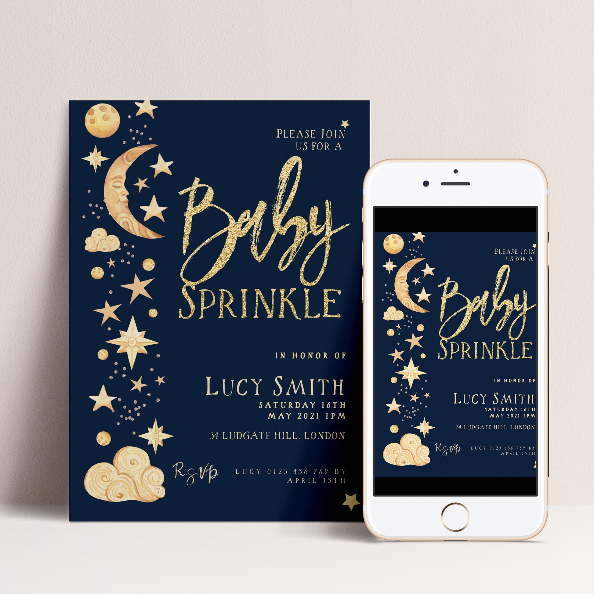 Celestial Baby Sprinkle Invitation Download – Navy and Gold Moon & Stars Editable Digital Baby Shower Invite Template CL09