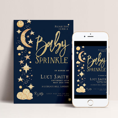 Celestial Baby Sprinkle Invitation Download – Navy and Gold Moon & Stars Editable Digital Baby Shower Invite Template CL09