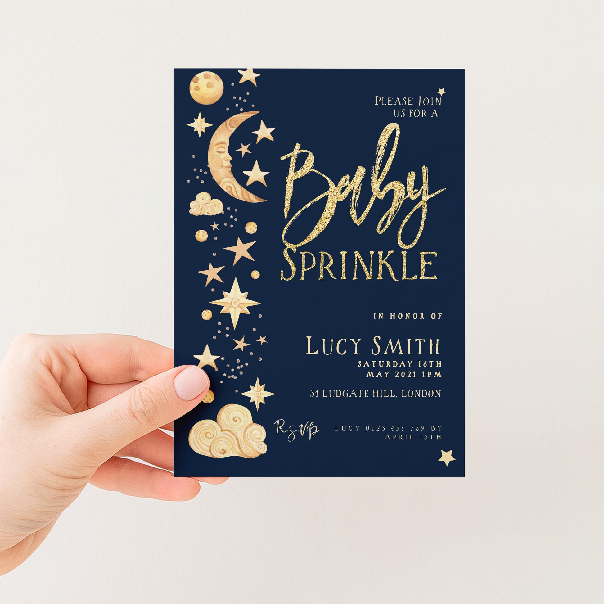 Celestial Baby Sprinkle Invitation Download – Navy and Gold Moon & Stars Editable Digital Baby Shower Invite Template CL09