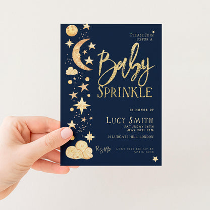 Celestial Baby Sprinkle Invitation Download – Navy and Gold Moon & Stars Editable Digital Baby Shower Invite Template CL09