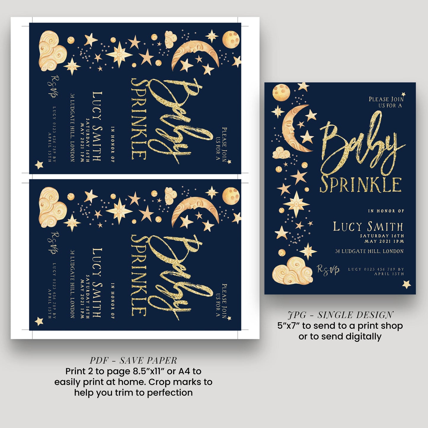 Celestial Baby Sprinkle Invitation Download – Navy and Gold Moon & Stars Editable Digital Baby Shower Invite Template CL09